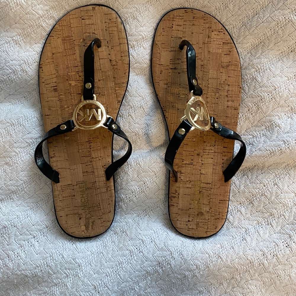 Michael Kors black and cork flip flops